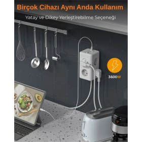 Resim Tessan 9'u 1 Arada Akıllı Grup Priz - 6 Ac Çıkış, 15W Usb-C Hızlı Şarj, 2 Metre Kablo - Beyaz 