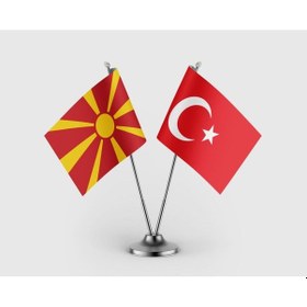 Resim Makedonya Bayrağı Ve Türk Bayrağı İkili Saten Masa Bayrağı Takımı Diğer 