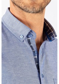 Resim Tudors Erkek Klasik Fit Normal Kesim Uzun Kollu Pamuklu Oxford Doku Tek Cepli Mavi Düğmeli Yaka Gömlek-23432-mavi Mavi 