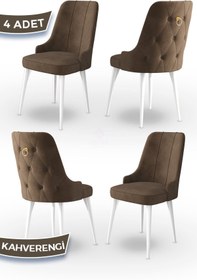 Resim Canisa Enoa Serisi, 1.sınıf Babyface Kumaş Beyaz Gürgen Ayaklı, 4 Adet Kahve Sandalye, Gold Halkalı 