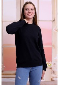 Resim Kadın Siyah Bisiklet Yaka Petek Kumaş Sweatshirt Slf1365 Siyah 