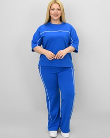 Resim Kadın Büyük Beden Kısa Kollu Ara Biye Detaylı Bol Paça Eşofman Takımı 8189-25 - 4XL / Gri 