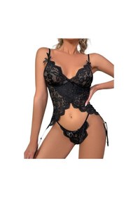 Resim New Dreams Modern Dantelli Şık Elegant Tasarım Siyah Jartiyer Gecelik Set Siyah 