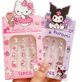 Resim 12 Adet Sevimli Karikatür Temalı Basınçlı Tırnaklar - Kısa Kare Şeker Renk Kawaii Kitty/Kuromi/Melody/Cinnamoroll Sahte Tırnaklar, Canlı 3D Hayvan Tasarımlı 