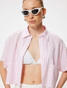 Resim Crop Keten Gömlek Kısa Kollu Cep Detaylı Rahat Kalıp 