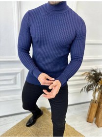 Resim Elku Moda Kazak Slim Fit Tüylenmez Naturel Pamuk Triko Boğazlı Balıkçı Yaka Kazak Lacivert 