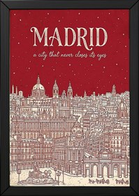 Resim Madrid Line Art Print - Cherry Red Royal Palace Plaza Mayor Skyline Wall Art - With Hanger - White / 12 x 16" (30x40 cm) 