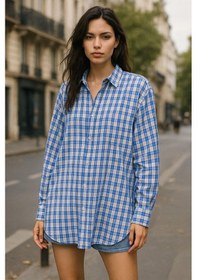 Resim Rich Kadın Mavi Beyaz Oversize Ekoseli Gömlek Over Fit Relaxed Gömlek Çok Renkli 