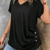 Resim Kadınlar için Büyük Beden V Yaka Kısa Kollu Düğmeli Rahat Polyester T-Shirt Üst 
