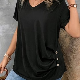 Resim Kadınlar için Büyük Beden V Yaka Kısa Kollu Düğmeli Rahat Polyester T-Shirt Üst 