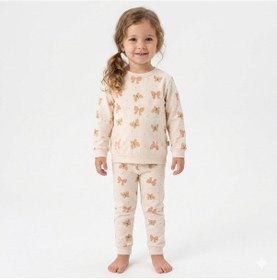 Resim Kız Çocuk Kelebek Desenli %100 Pamuk İnterlok Kumaş Pijama Takımı 3-6 Yaş Krem 