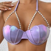 Resim Şık Yaprak Bikini Tek Renk Yaprak Kupa İnci Zincirli Çelik Bant Bikini Üst 