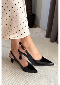 Resim Preshley Kadın Flow Bej Rugan Sivri Burunlu Kısa 5 Cm Topuklu Rahat Şık Arkası Acık Stiletto Ayakkabı Siyah 