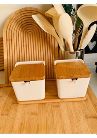 Resim Qerhome 2'li Bambu Standlı Bambu Kapaklı Porselen Kaşıklı Tuzluk Biberlik 260 Ml Gnl Ahşap 