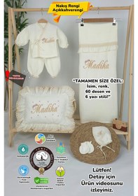 Resim Gros Shop Müslin Yeni Doğan 4katlı Organik %100pamuk Kişiye Özgü Nakışlı Hastane Çıkış Seti Papatya Model-10 Ekru-1 