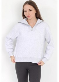 Resim Kadın Karmelanj Pamuklu Yarım Fermuarlı 3 İp Şardonlu Sweatshirt - 2512 Kar Melanj 