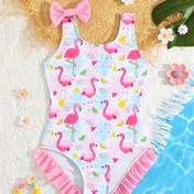 Resim Flamingo Baskılı & Fırfır Detaylı Sevimli Kız Çocukları Tek Parça Mayo - Esnek, Makinede Yıkanabilir Polyester Karışımı 