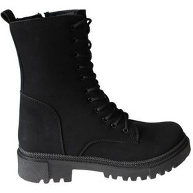 Resim Yazkış Kadın Siyah Mat Cilt Bağcıklı Fermuaralı 18cm Bilekboyu Düz Termo Taban Postal Bot Siyah 