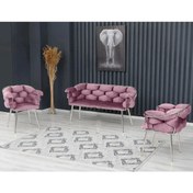 Resim Rozexi Balon Çay Seti Takımı Pembe Koltuk Takımı Oturma Odası Kafe Antre Hol Ofis 2+1+1 Krom Metal 