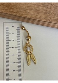 Resim 316 L Cerrahi Çelik Standart 10 Mm Baget Taşlı Sallantılı Düş Kapanı Model Göbek Piercingi Gold 