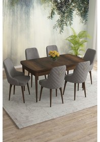 Resim Meri Serisi 80x132 Açılabilir Mdf Barok Ahşap Desen Masa Takımı 6 Antrasit Sandalye Gri 