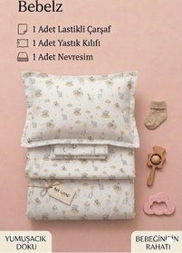 Resim Bebelz Park Yatak %100 Pamuk Sevimli Fill Desenli 3 Parça Bebek Nevresim Takımı (80x110) 