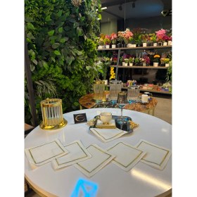 Resim Kokteyl Peçetesi, Gold Çerçeveli Desenli Kare Kahve Tepsisi Peçeteliği,6'lı Sunumluk Peçete 