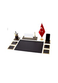 Resim Star Bayraklı Mermer Desenli Ahşap Sümen Takımı Deri Sümen Seti Masa İsimliği 