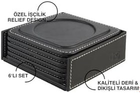 Resim Bardak Altlığı,6’lı Set,Masaüstü Yuvarlak Cup Coaster,Vegan Suni Deri,11x11 cm.,Siyah 
