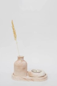 Resim Modern Dekoratif Set - Kahverengi Beyaz Seramik Vazo, Tealight Mumluk ve Kompozit Tepsi 