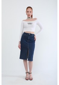 Resim Banny Jeans Önden Yırtmaçlı Likralı Midi Jean Etek Koyu Mavi 