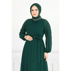 Resim MayaBella Kolları Işlemeli Tesettür Abiye Zümrüt 