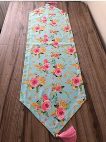 Resim Mint Zemin Pembe Güller Desenli Runner Çok Renkli 