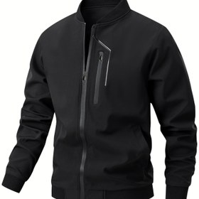 Resim Erkek Deniz Mavi Bomber Ceket - Rüzgar Geçirmez, Çekmece Ceket, Göğüs Cebi, Fermuar Tasarımı, Polyester Karışımı, Bahar ve Sonbahar için, Rüzgar Geçirmez Ceket 
