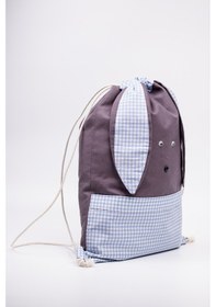 Resim Fabric Craft Bag Tavşan Figürlü Çocuk Bez Çanta Mavi Kareli 33x45 Cm Büzgülü Koyu Gri 