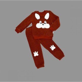 Resim Melonika 1-2-3 Yaş Kulaklı Tavşan Figürlü Kuzu Kumaş Sweat Pantolon Uzun Kollu Kız Erkek 2 Li Takımı Kahverengi Çok Renkli 