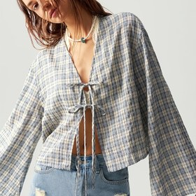Resim Kadınların Rahat Ekose Uzun Kollu Bluzu, Ön Bağlı V Yaka - Hafif Polyester, Bol Kesim, Düğmeli Gömlek, Rahat Kıyafet, Bahar/Yaz/Sonbahar 