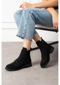 Resim Shoetek Marcello Kadın Bot&bootie Kauçuk Tabanlı Bağcıklı Siyah Süet Siyah 