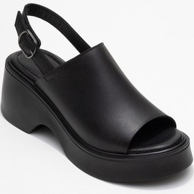 Resim Luvishoes Power Siyah Cilt Hakiki Deri Kadın Dolgu Topuklu Sandalet Siyah Deri 
