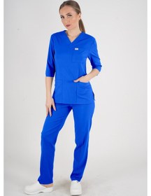 Resim Unisex Saks Mavi Violet Model Scrubs Takım Doktor Hemşire Üniforması Saks Mavi 