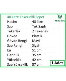 Resim Tekerlekli Plastik Market Alışveriş El Sepeti 40 Litre Mavi 1 Adet 
