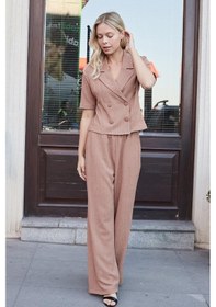 Resim Kadın Esnek Kırınkıl Kumaş Yakalı Anvelop Kruvaze Düğmeli Kısa Kol Ceket-camel CAMEL 