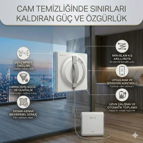 Resim Ecovacs Taşınabilir Bataryalı Akıllı Cam Silme Robotu Üçlü Sprey Teknolojili Düşme Önleyici Sensörlü Çerçevesiz Cam Uyumlu Sessiz Temizlik Makinesi 