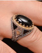 Resim Gümüş Erkek Yüzük Siyah Oniks Taşlı Zirkon Taş Süslemeli 