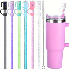Resim 40oz, 30oz, 20oz Tumblers için Kapaklı Parıldayan Yeniden Kullanılabilir Pipet Seti - Temizleme Fırçası Dahil, Dayanıklı Plastik, Mutfak & Yemek İçin Mükemmel 