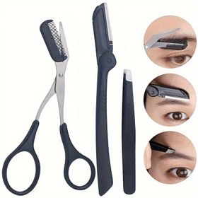 Resim 3 Parça Kaş Bakım Tıraş Aleti, Çok Fonksiyonlu Kaş Güzellik Seti, Cilt Peelingi ve Düzleştirme Aleti Dahil, 1 Tıraş Bıçağı + 1 Çift Cımbız + 1 Kaş Makası - Hem Erkekler Hem de Kadınlar İçin Uygun 