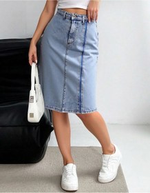 Resim KENE JEANS YÜKSEK BEL ÖN FERMUAR DETAYLI KOT ETEK 