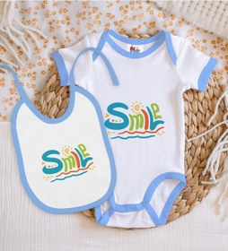 Resim Bk Kids Smile Tasarımlı Mavi Bebek Body Zıbın Ve Mama Önlüğü Hedi Çok Renkli 