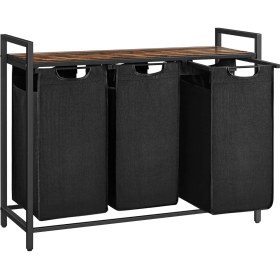 Resim Çamaşır Sepeti, 3 Bölmeli Çamaşır Sepeti, Çıkarılabilir Çamaşır Torbaları, Çamaşır Sıralayıcı, Raf, Metal Çerçeve, 3 x 38L, 92,5 x 33 x 72 Cm, Rustik Kahverengi ve Siyah BLH301B01 