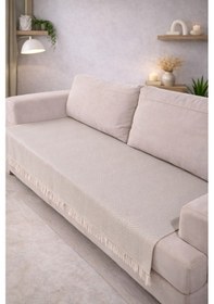 Resim 2 Adet Pamuklu Koltuk Örtüsü 115x200 Cm Çekyat Ve Kanepeler İçin Koruyucu Önden Saçaklı Kaymaz Bej 